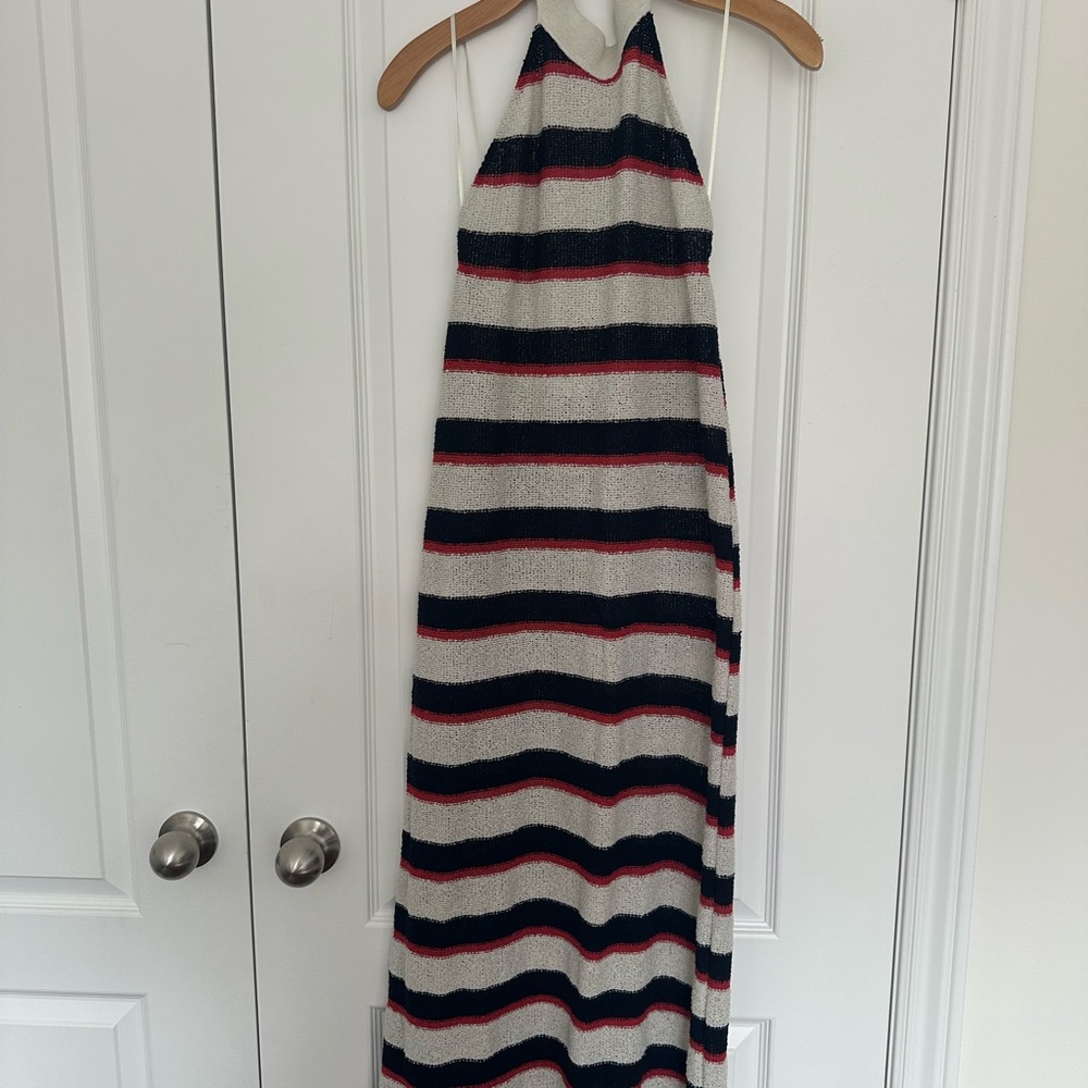 Zara Cream, Navy & Red Striped Halter Maxi Dress